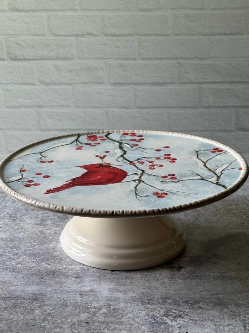 Cracker Barrel Red Cardinal Bird Cake Stand Winter Theme - Hard To Find